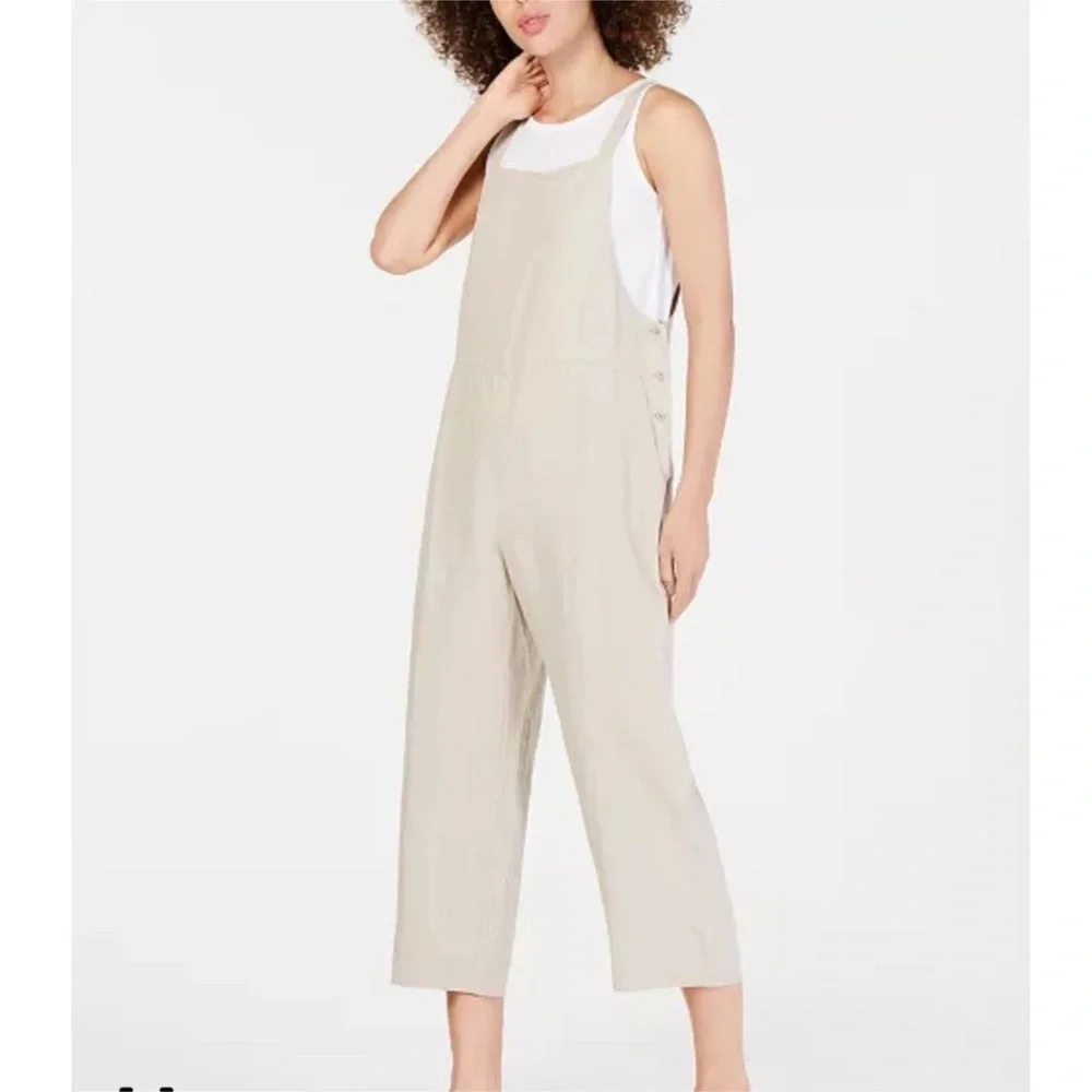 Eileen Fisher Cropped Organic Linen Overalls Size XL - Picture 1 of 9